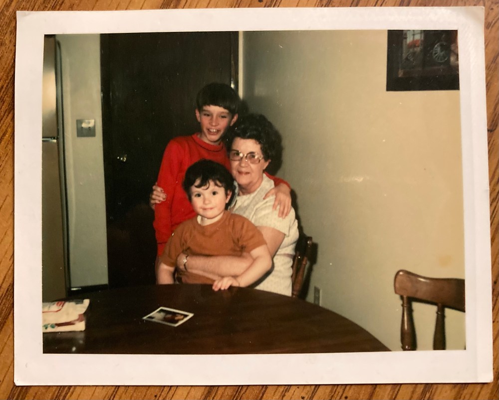 My grandma Hubner, me in her lap, and my older brother Chris on Thanksgiving Day, 1977

